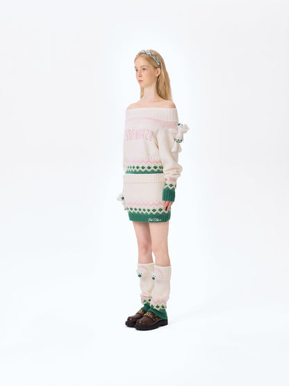 13DE MARZO Fair Isle Bear Off Shoulder Sweater Beige