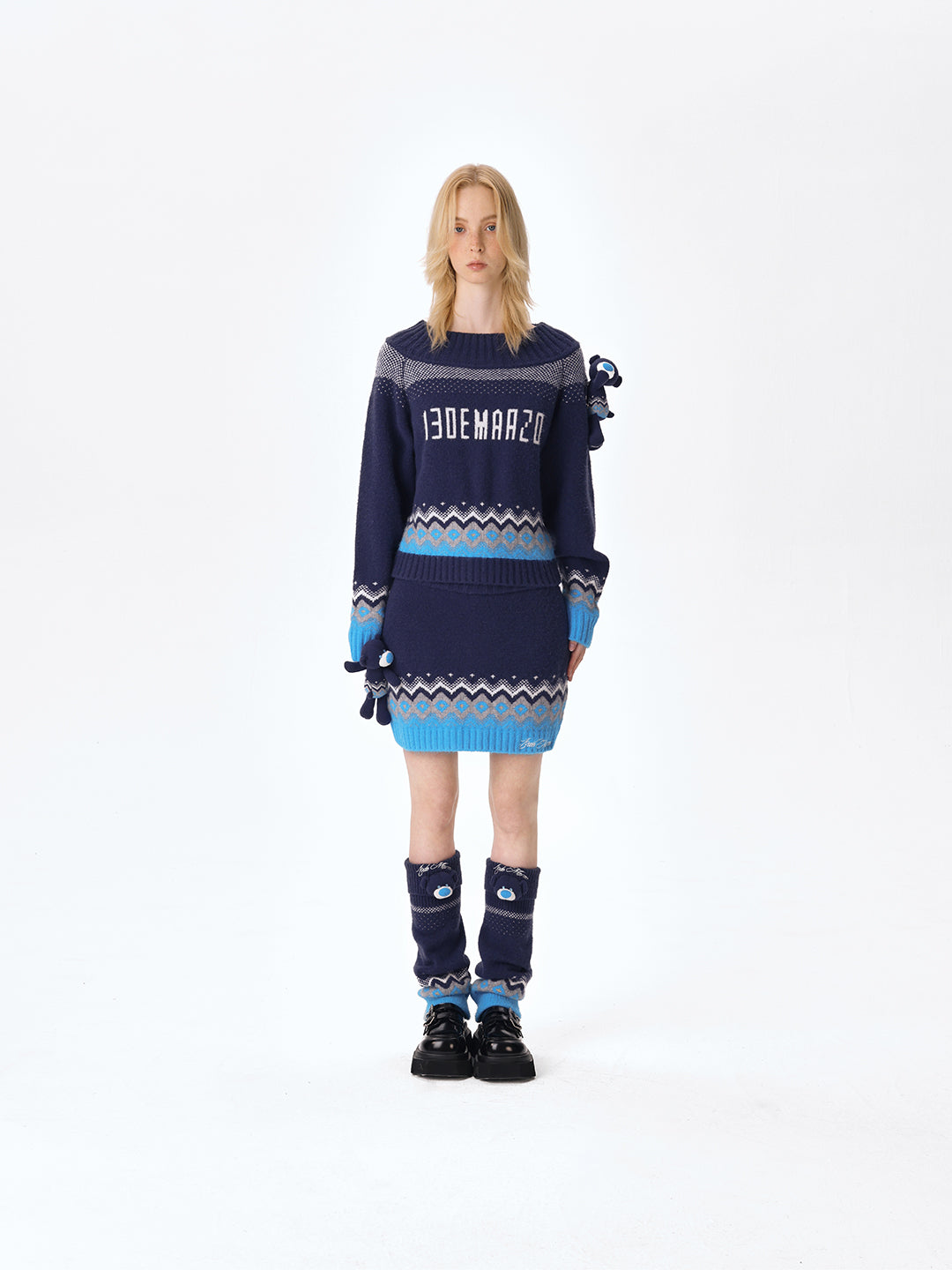 13DE MARZO Fair Isle Bear Off Shoulder Sweater Navy Blue