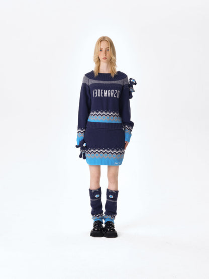 13DE MARZO Fair Isle Bear Off Shoulder Sweater Navy Blue