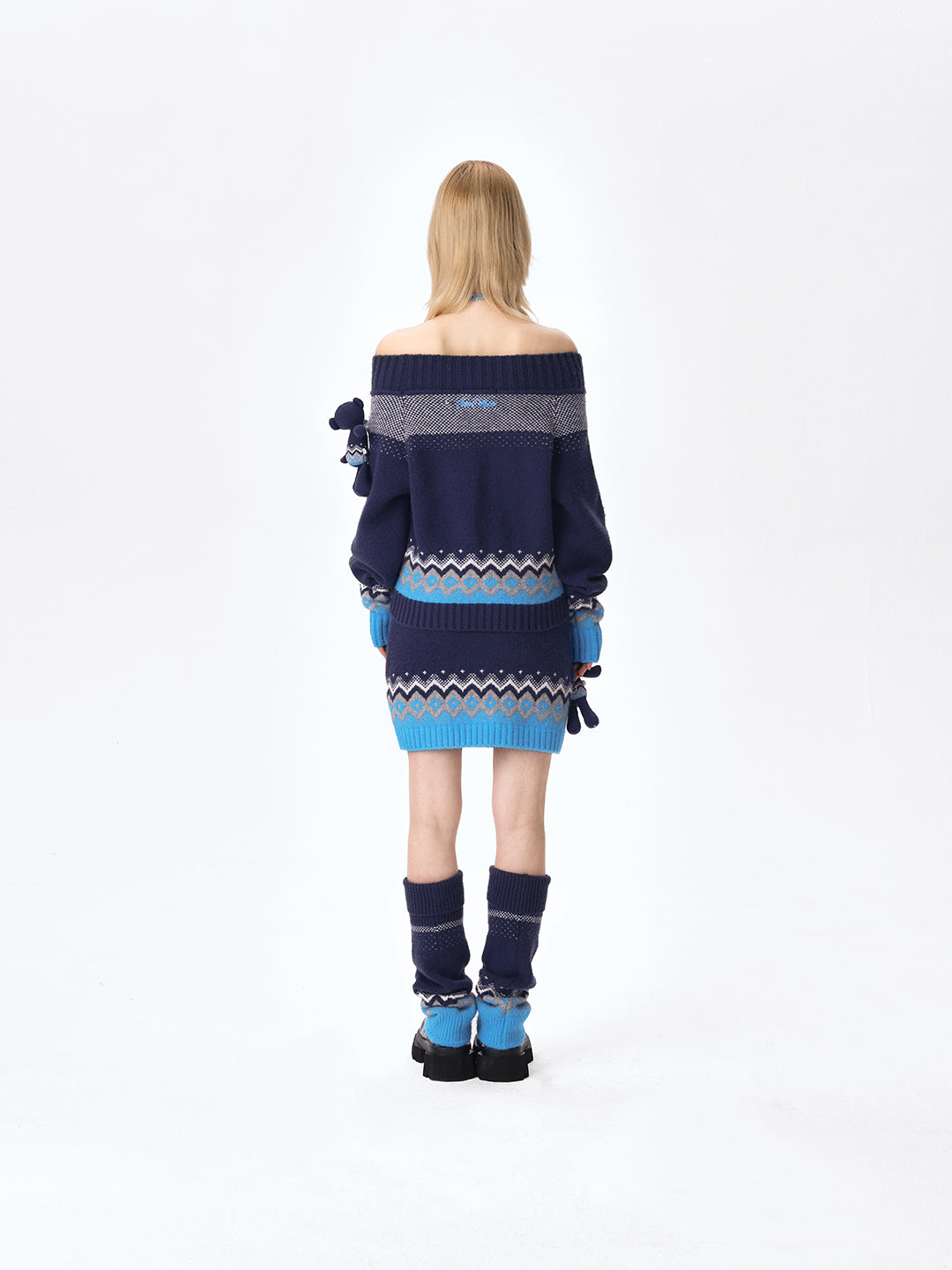 13DE MARZO Fair Isle Bear Knit Skirt Navy Blue