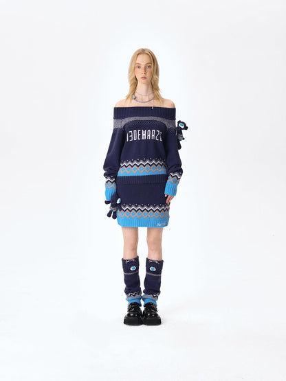 13DE MARZO Fair Isle Bear Off Shoulder Sweater Navy Blue
