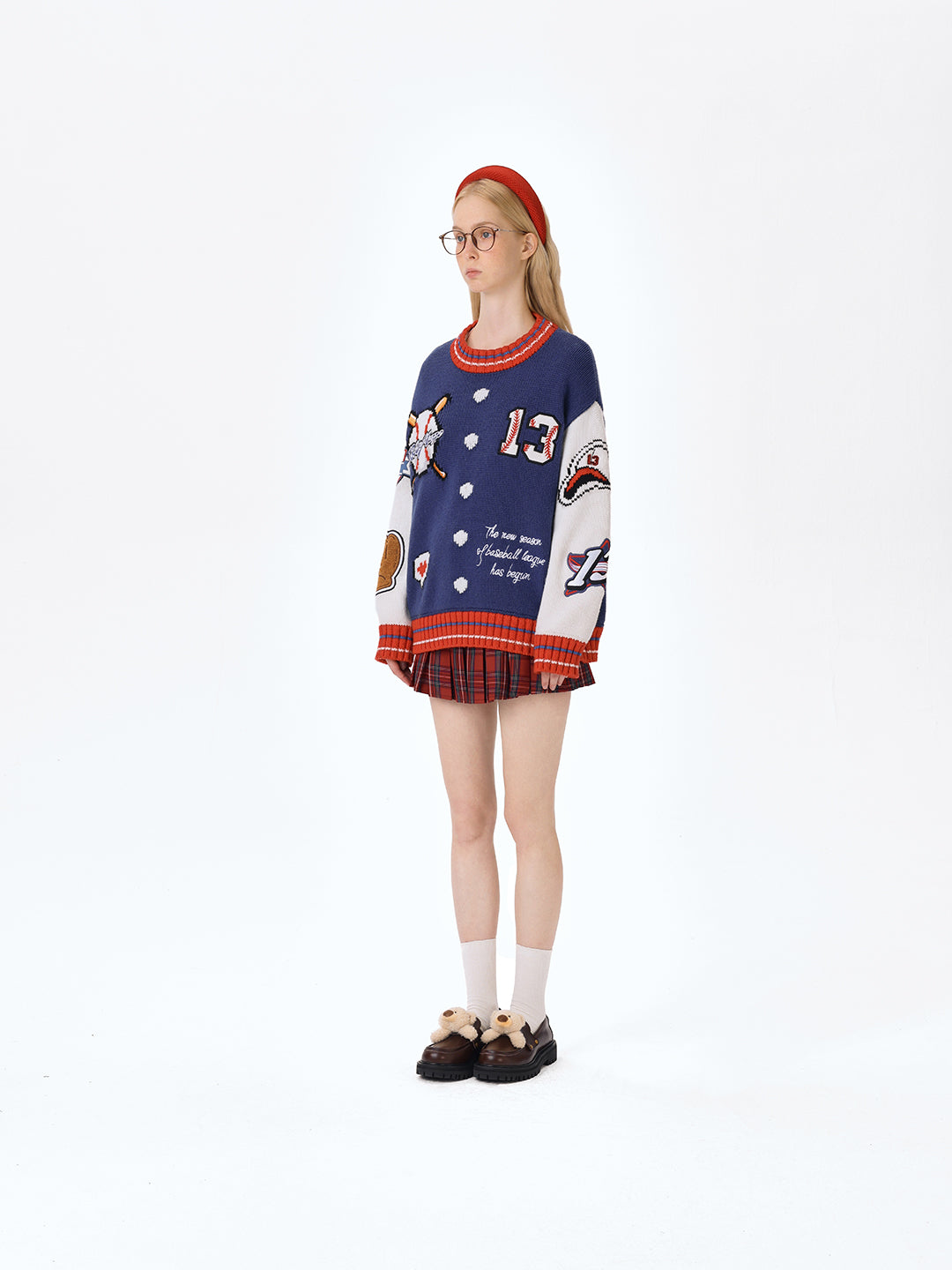 13DE MARZO Pixel Bear Baseball Sweater Blue