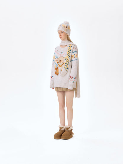 13DE MARZO Fair Isle Bear Knit Sweater White