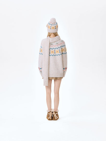 13DE MARZO Fair Isle Bear Knit Sweater White