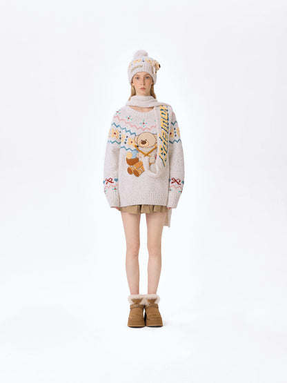 13DE MARZO Fair Isle Bear Knit Sweater White
