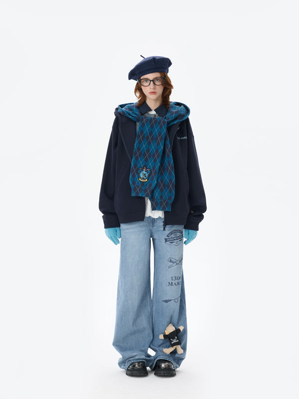 Harry Potter × 13DE MARZO Hogwarts Four Houses Bear Zipper Hoodie Ravenclaw Blue