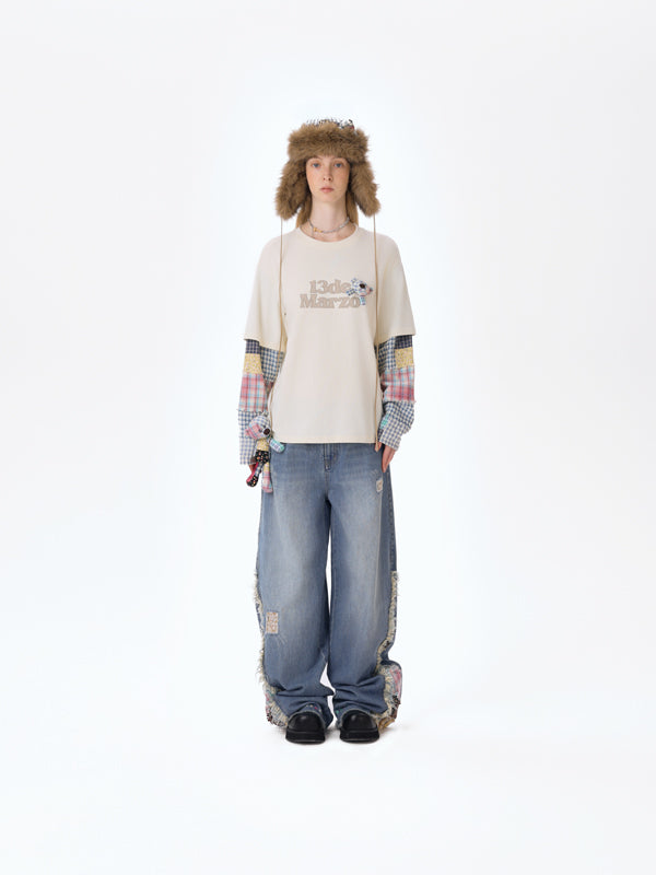 13DE MARZO Bear Plaid Sleeve T-shirt Beige