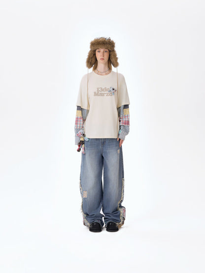 13DE MARZO Bear Plaid Sleeve T-shirt Beige