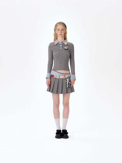 13DE MARZO Plaid Bear Patch Fit Skirt Gray