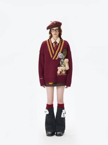 Harry Potter × 13DE MARZO Platform 9¾ Bear V-neck Sweater Red