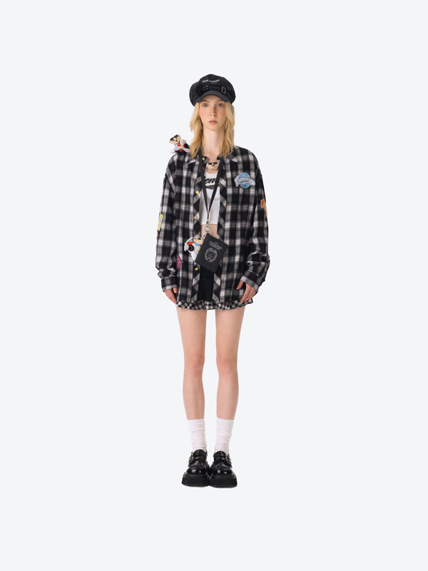 13DE MARZO Flight Bear Badge Check Shirt Black