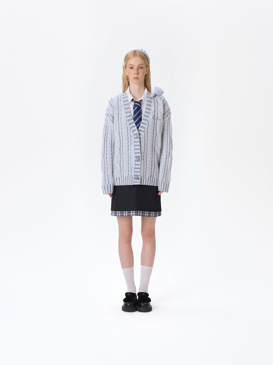 13DE MARZO Bear Yarn Weave Cardigan Blue