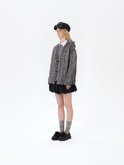 13DE MARZO Bear Yarn Weave Cardigan Dark Grey