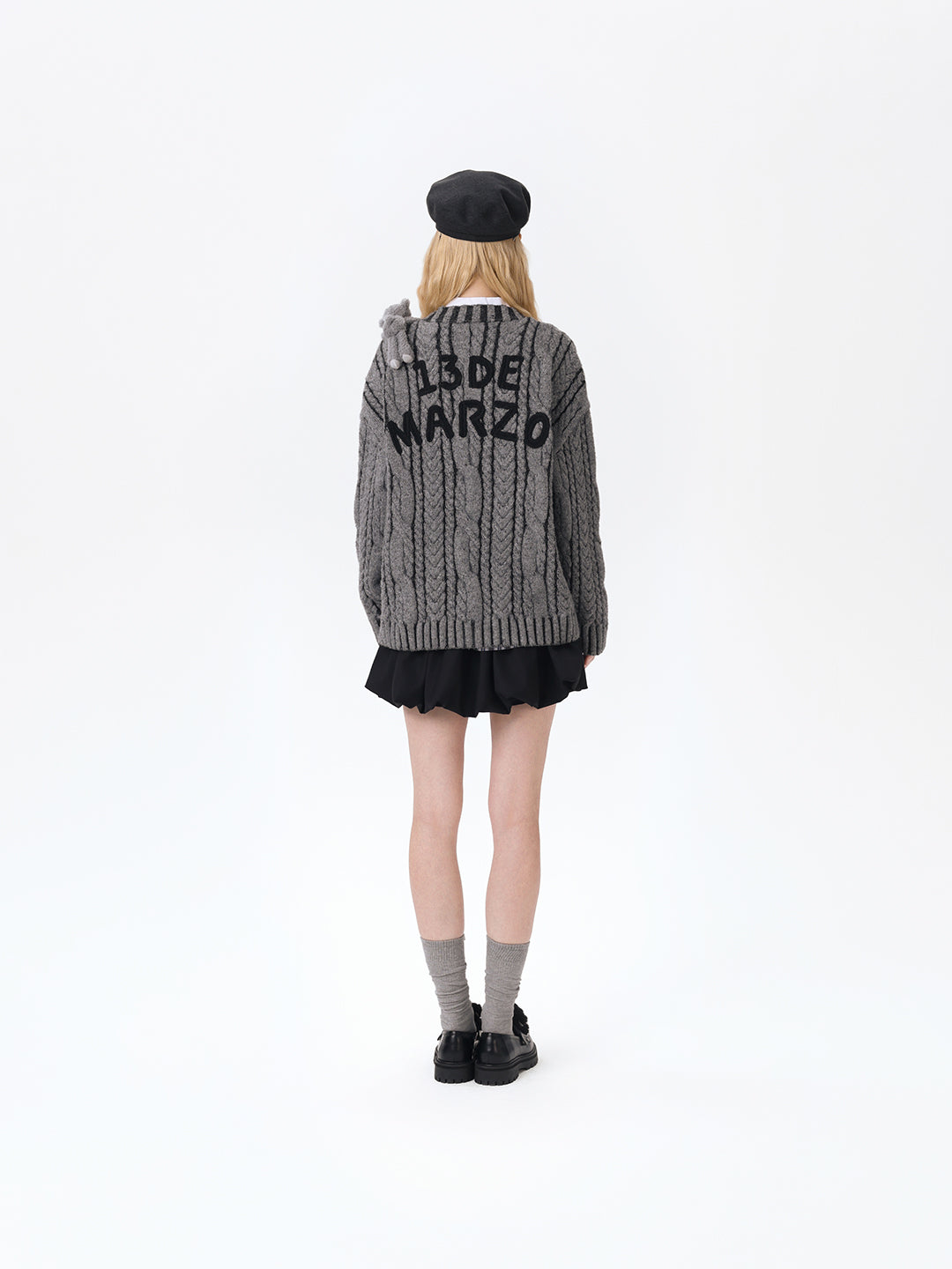 13DE MARZO Bear Yarn Weave Cardigan Dark Grey