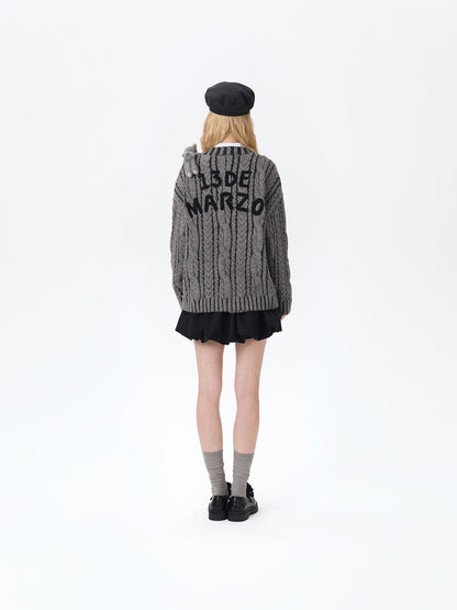 13DE MARZO Bear Yarn Weave Cardigan Dark Grey