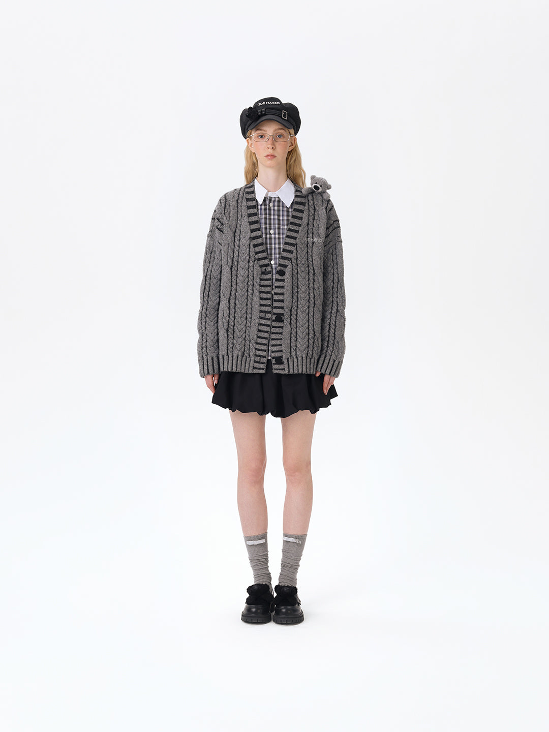 13DE MARZO Bear Yarn Weave Cardigan Dark Grey