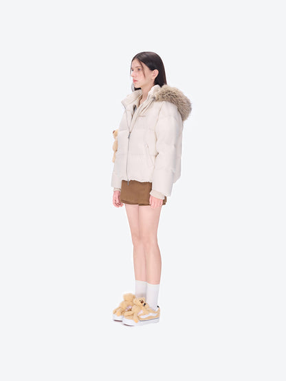 13DE MARZO Bear Fuzzy Hood Down Jacket Almond