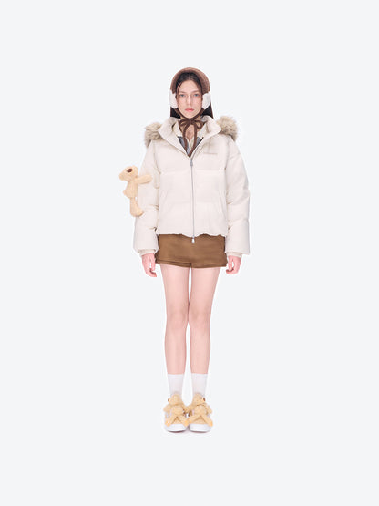 13DE MARZO Bear Fuzzy Hood Down Jacket Almond