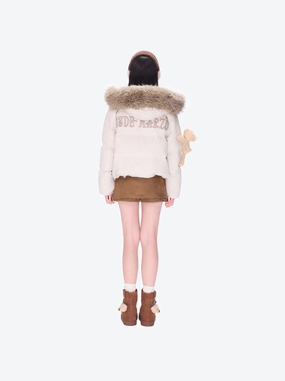 13DE MARZO Bear Fuzzy Hood Down Jacket Almond