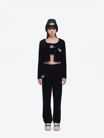 13DE MARZO Embroidered Plush Beanie Black