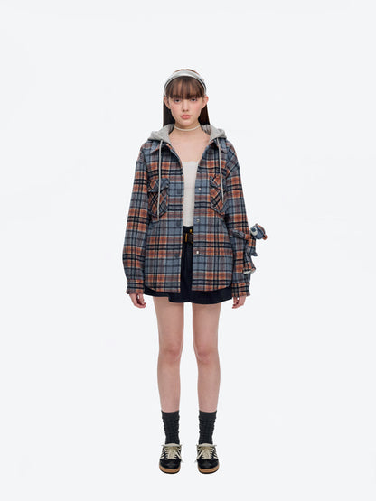 13DE MARZO Doozoo Checked Hooded Jacket Blue