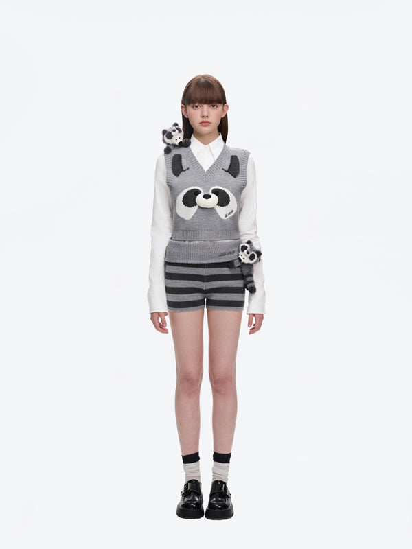 13DE MARZO Raccoon Bear Knitted Shorts Grey