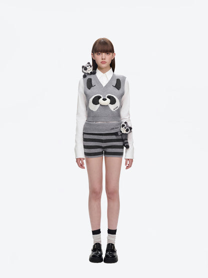 13DE MARZO Raccoon Bear Knitted Shorts Grey