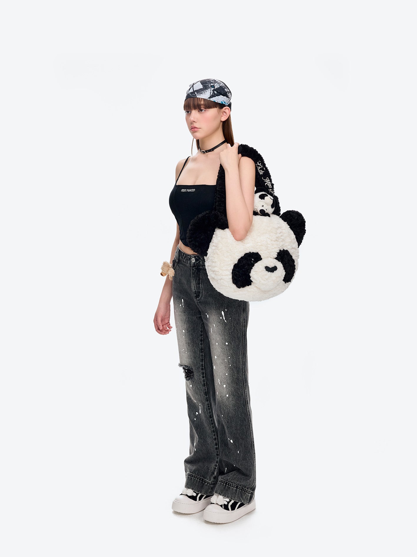 13DE MARZO Panda Bear Fuzzy Plush Bag White