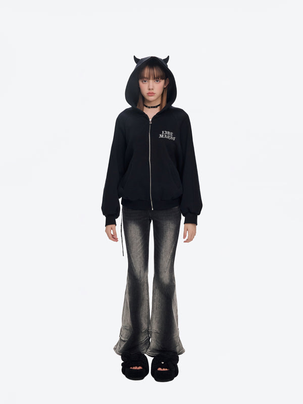 13DE MARZO Angel Devil Bear Zipped Hoodie Black