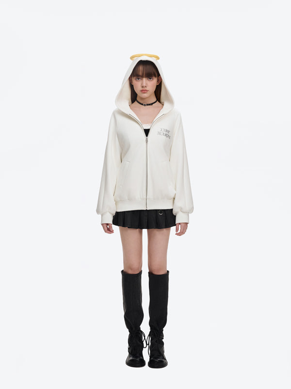 13DE MARZO Angel Devil Bear Zipped Hoodie White