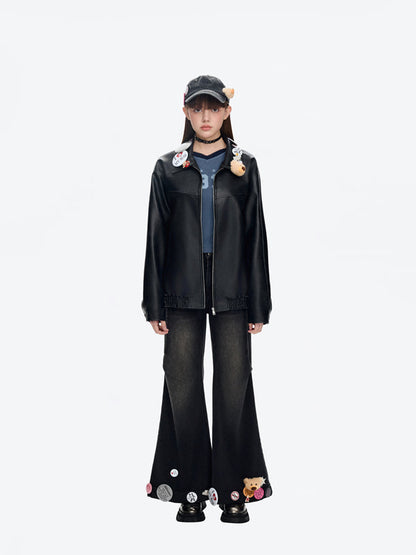 13DE MARZO Badge Leather Jacket Black