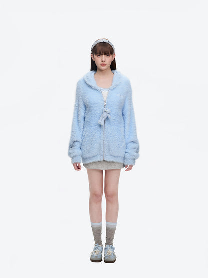 13DE MARZO Faux Mink Fur Zip Jacket Blue