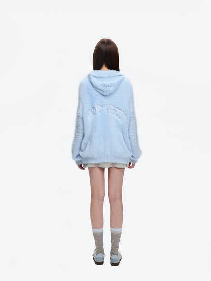 13DE MARZO Faux Mink Fur Zip Jacket Blue