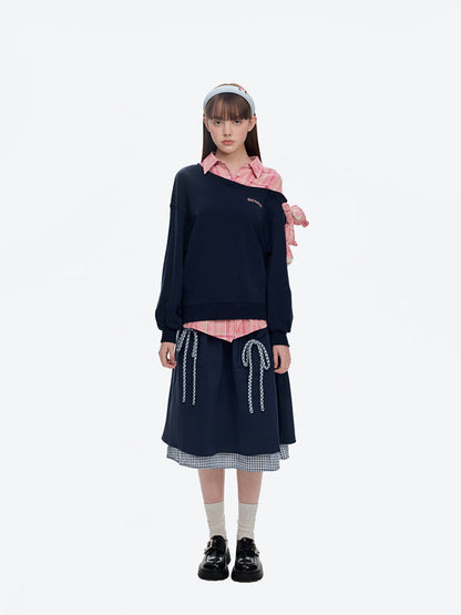 13DE MARZO Splicing Shirt Asymmetrical Shoulder Sweater Pink