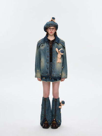 13DE MARZO Denim Cuffed Beret Hat Blue