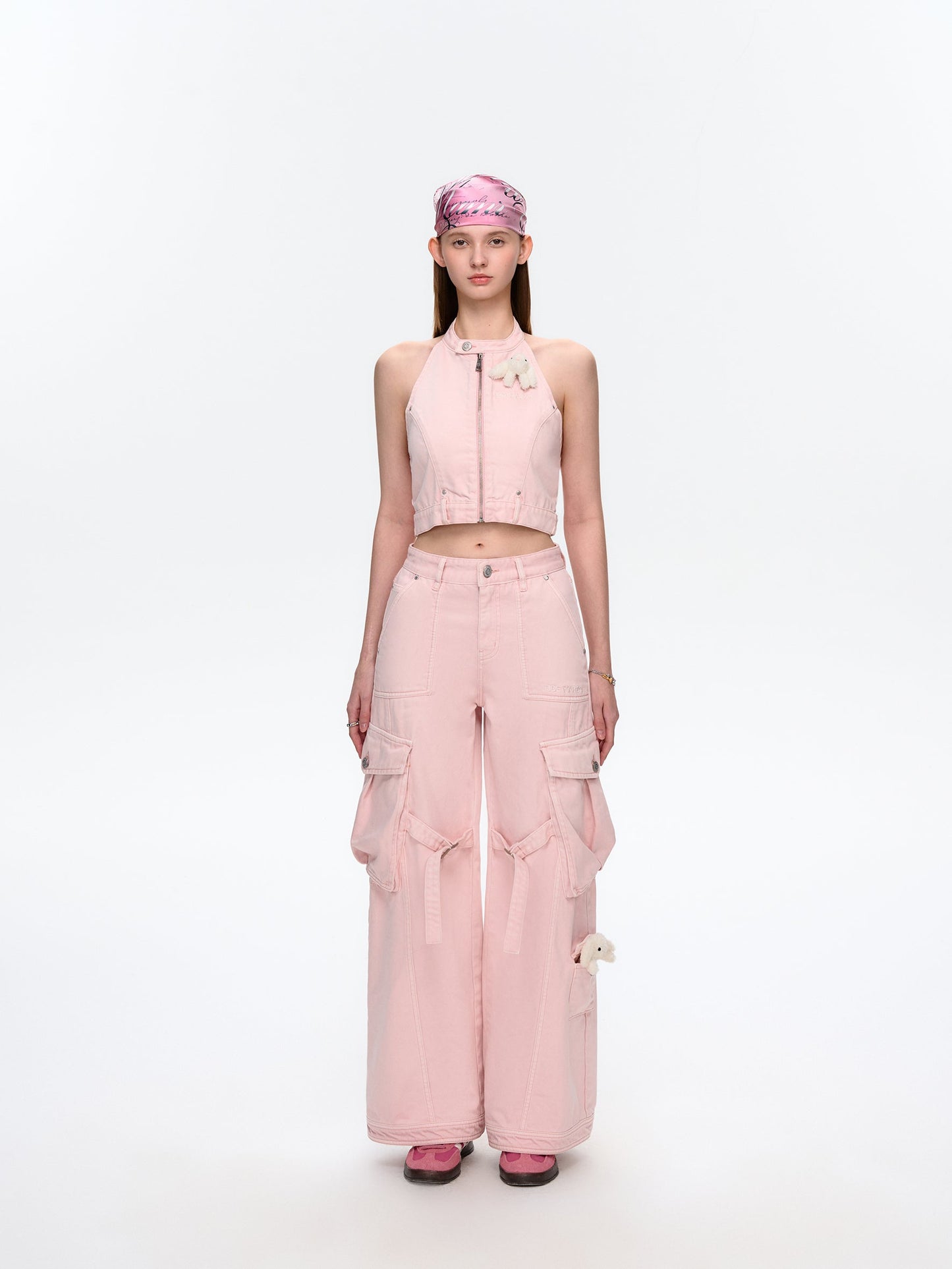 13DE MARZO Halter Denim Top Pink