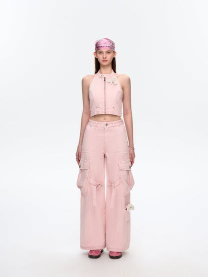 13DE MARZO Halter Denim Top Pink