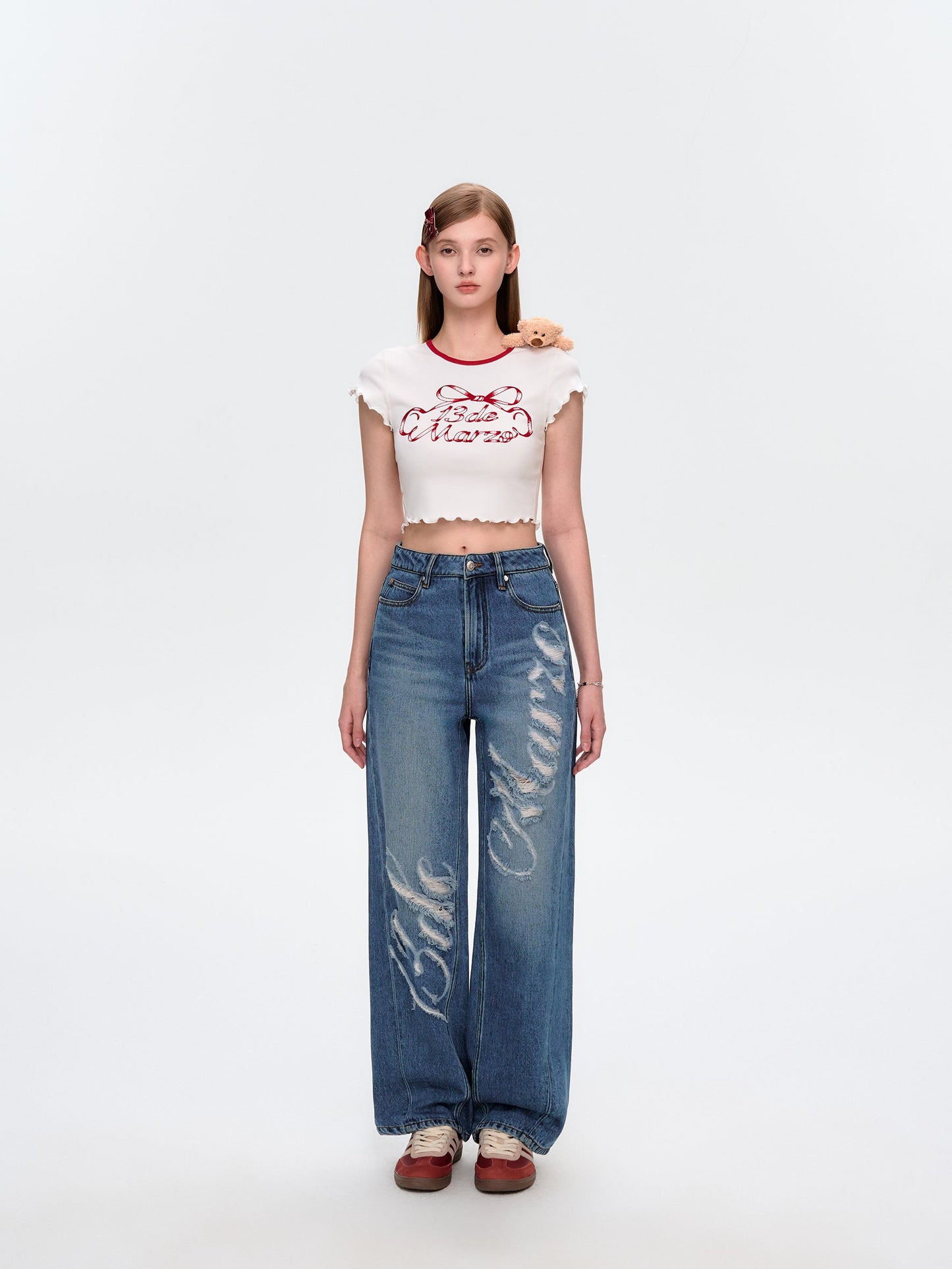 13DE MARZO Ribbon Collar Cropped Top