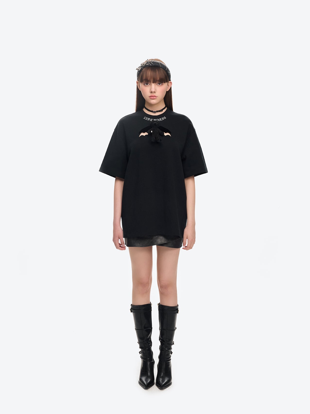 13DE MARZO Angel Devil Hollow Out T-Shirt Black