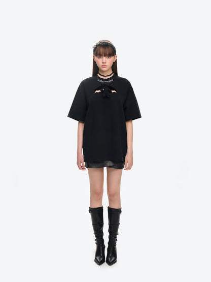 13DE MARZO Angel Devil Hollow Out T-Shirt Black