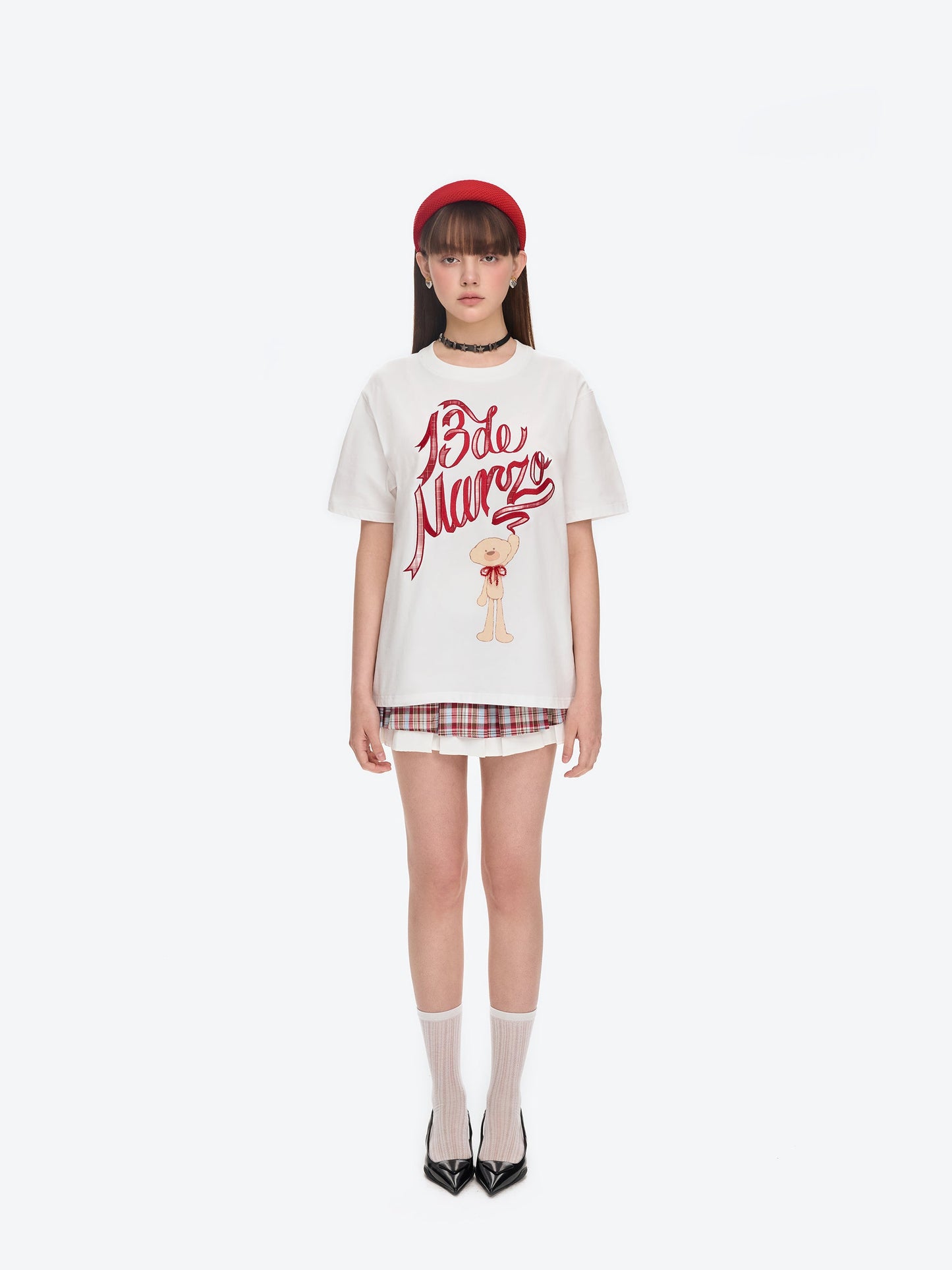 13DE MARZO Doozoo Checked Ribbon T-Shirt White