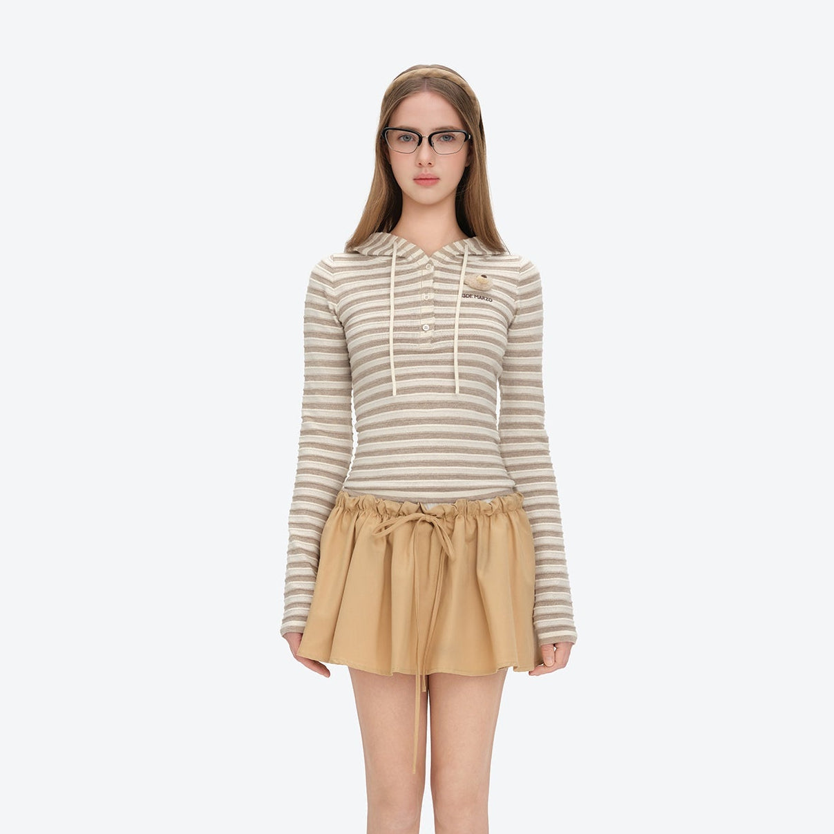 13DE MARZO Striped Bear Embossed Fitted Long Sleeve Khaki