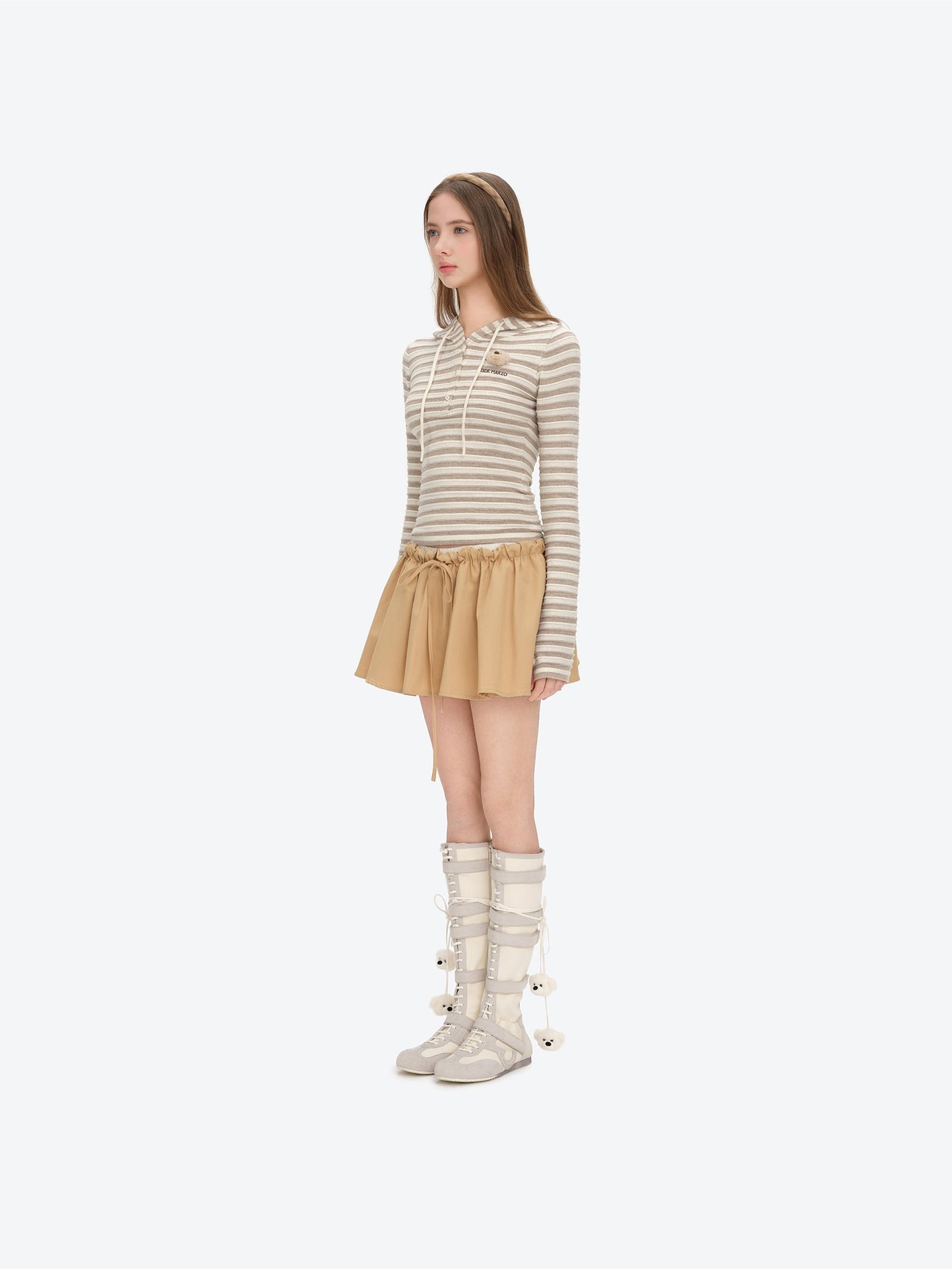 13DE MARZO Striped Bear Embossed Fitted Long Sleeve Khaki