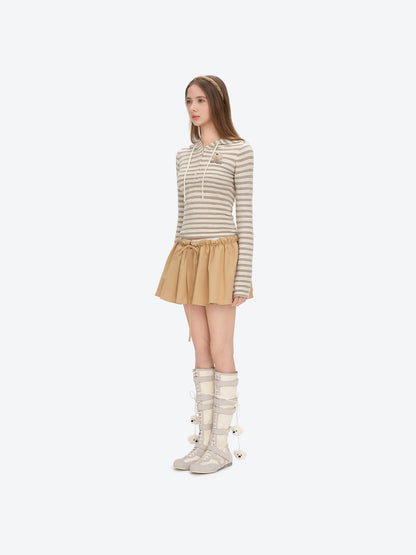 13DE MARZO Striped Bear Embossed Fitted Long Sleeve Khaki