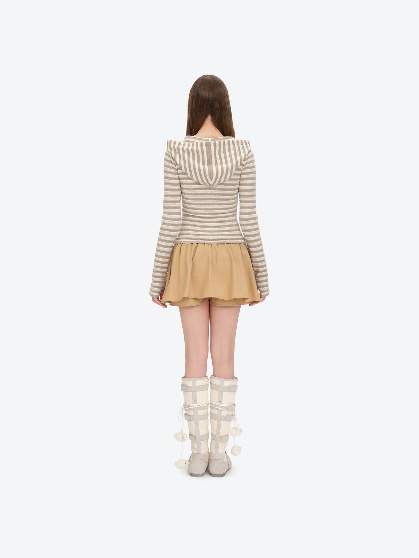 13DE MARZO Striped Bear Embossed Fitted Long Sleeve Khaki