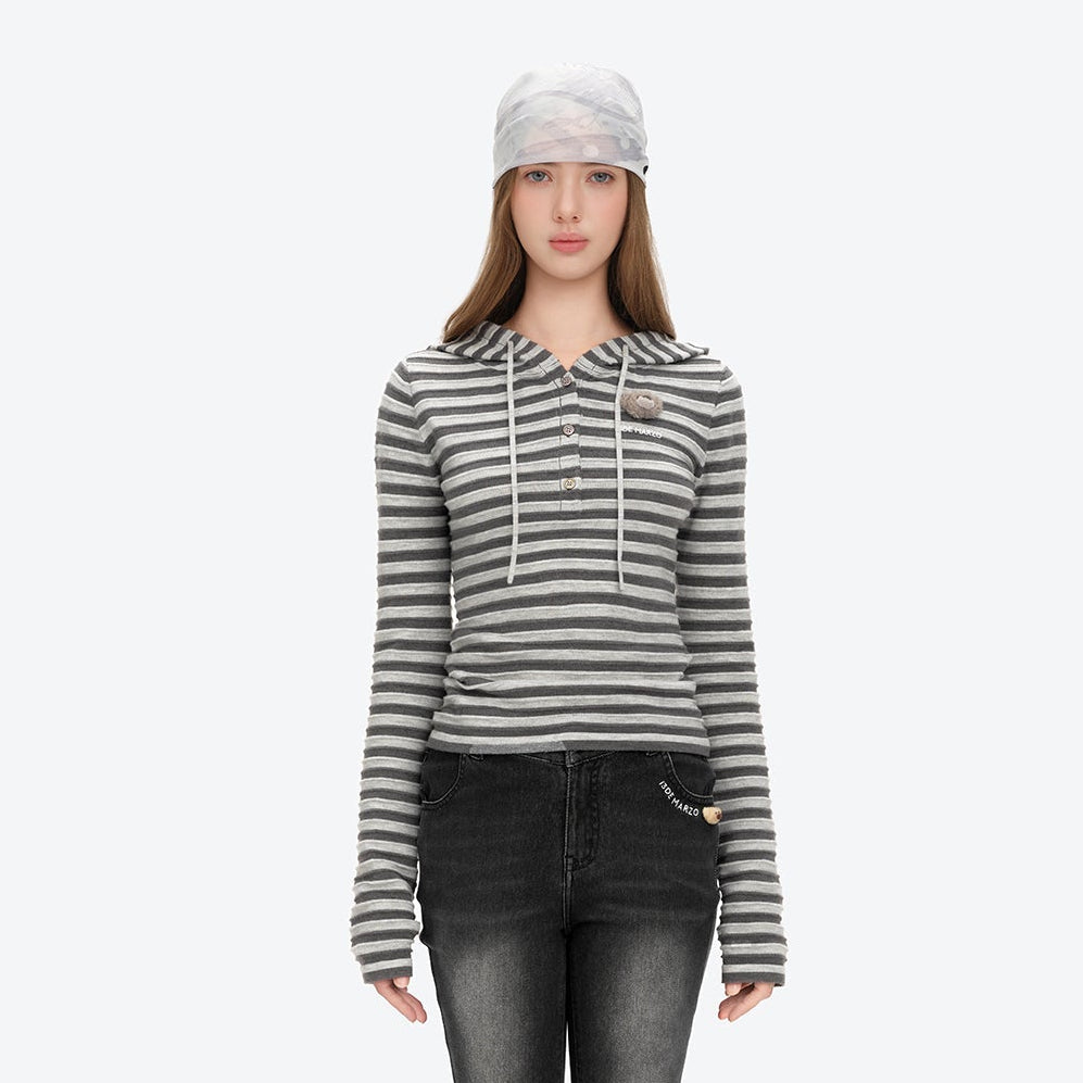 13DE MARZO Striped Bear Embossed Fitted Long Sleeve Grey