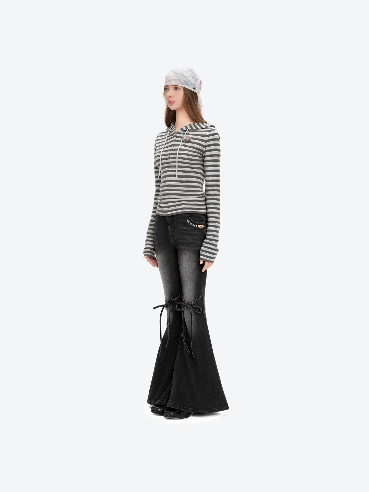 13DE MARZO Striped Bear Embossed Fitted Long Sleeve Grey
