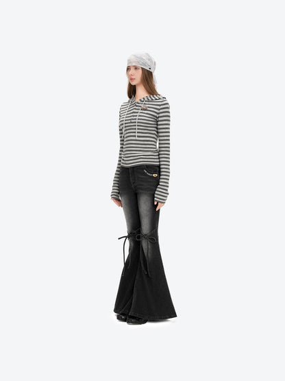 13DE MARZO Striped Bear Embossed Fitted Long Sleeve Grey