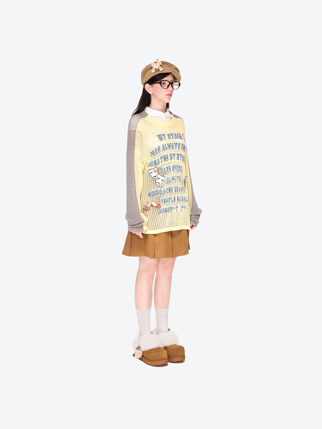 13DE MARZO Rebel Clown Bear Hollow Sweater Yellow