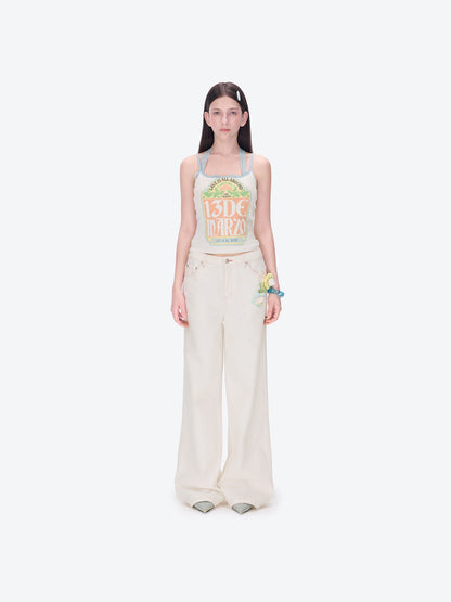 13DE MARZO Floral Bear Pocket Print Jeans White